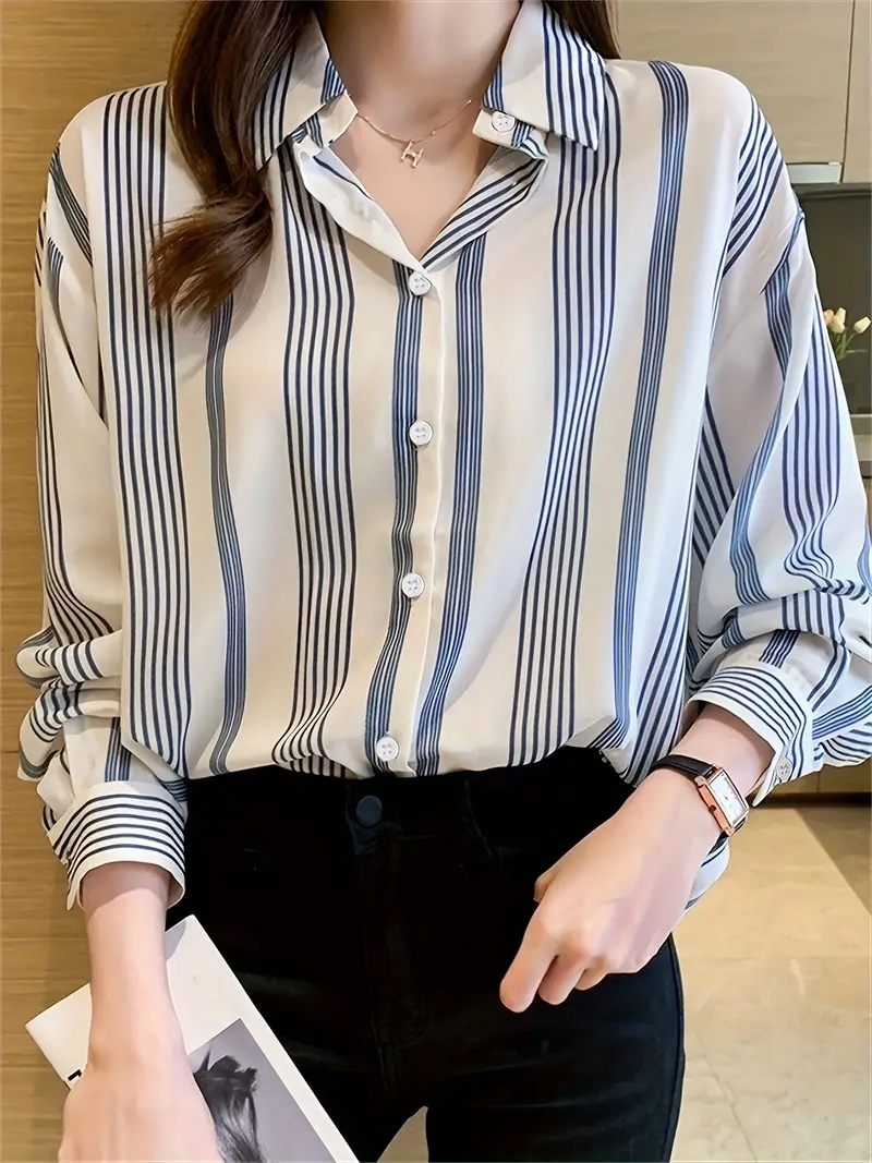 Women Regular Fit Striped Curved Collar Casual Shirt - Haxberry