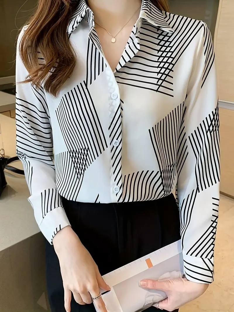 Women's Printed Cotton Silk Long Sleeve Collar Neck Tunic Shirt - Haxberry